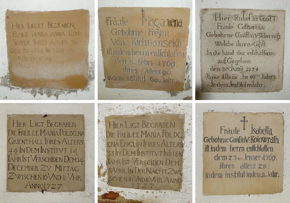 Grufttafel / ÖOK/km Hier sind sechs Grufttafeln mit sechs Inschriften.