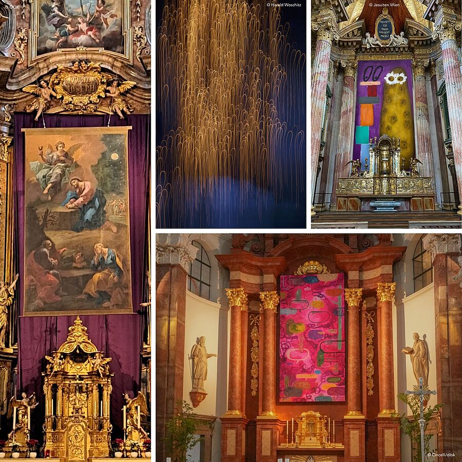 In einigen Ordenskirchen sind in der Fastenzeit Fastentücher zu sehen.