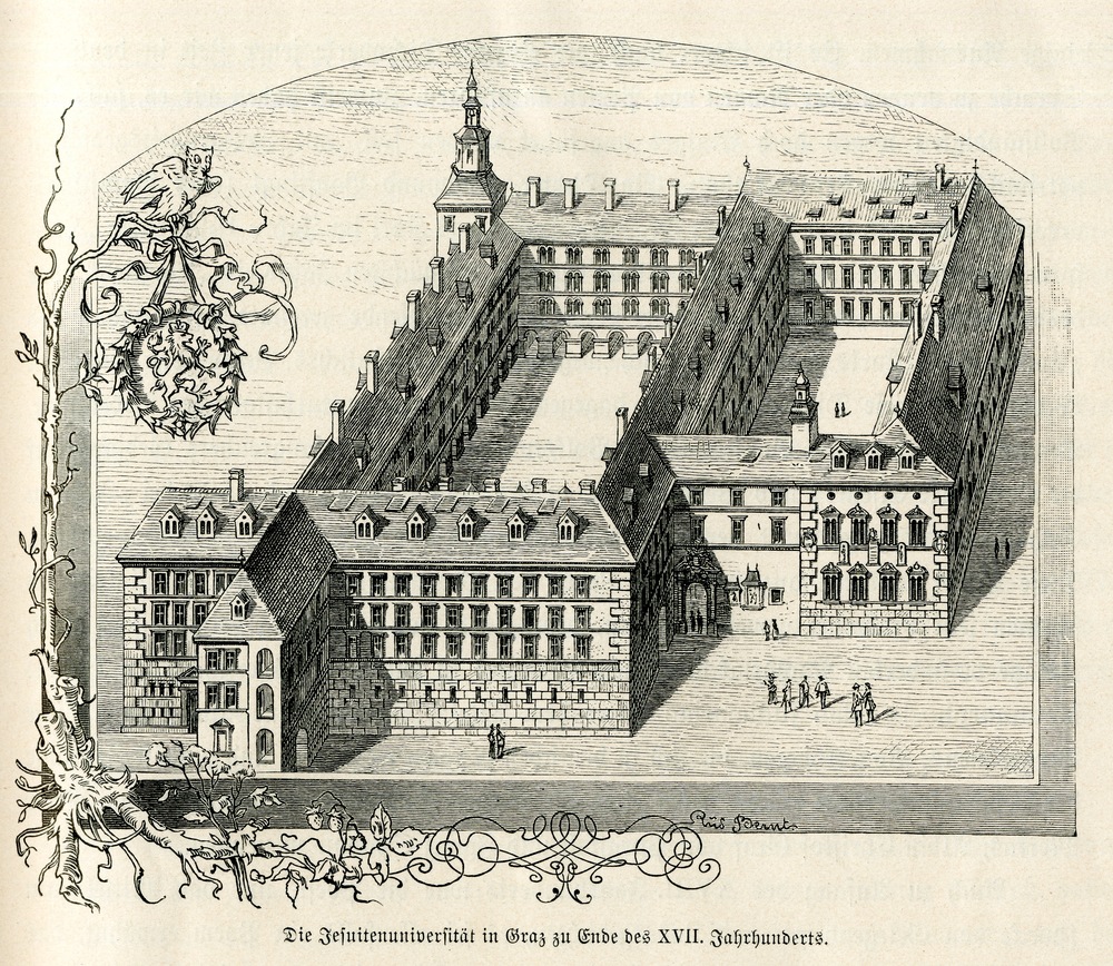 Früher Stich aus dem 17. Jahrhundert zeigt die Jesuitenuniversität mit Bibliothek 