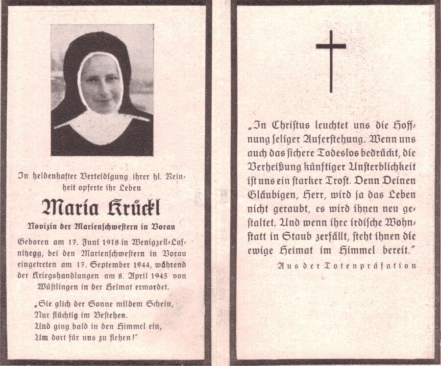 Totenbild von Sr. Maria Krückl / Archiv Vorauer Marienschwestern Totenbild von Sr. Maria Krückl