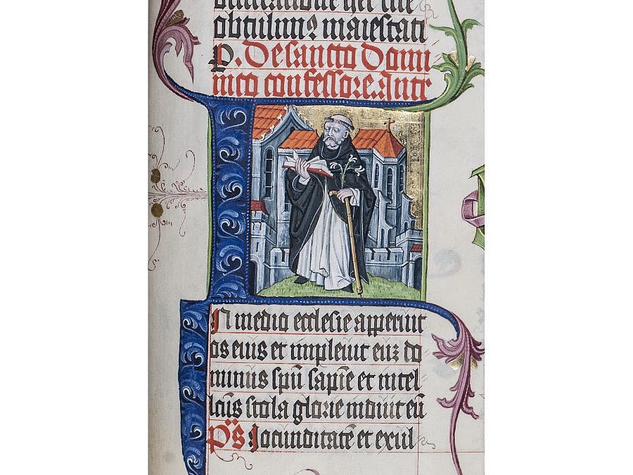 Initiale aus dem sogenannten Heuner-Missale (angefertigt 1476/1477), die den Ordensgründer der Dominikaner wahrscheinlich vor der alten gotischen Wiener Dominikanerkirche darstellt.