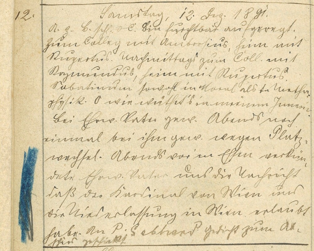 Auszug aus Heft I, 12. Dezember 1891 / Provinzarchiv der Salvatorianer Wien Auszug aus Heft I, 12. Dezember 1891