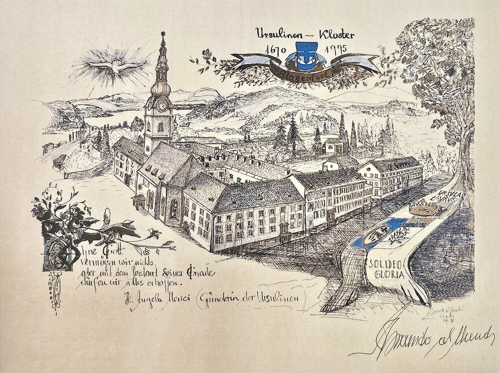 Historische Ansicht des Standortes St. Ursula in Klagenfurt / Archiv der Ursulinen Historische Ansicht des Standortes St. Ursula in Klagenfurt