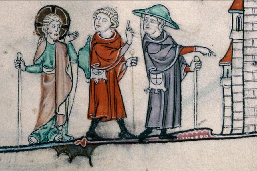 Christus und die Emmaus-Jünger, einer mit Pilgerhut. (Brevier des Reginald von Bar, Anfang 14. Jahrhundert. Verdun, Bibliothèque municipale, ms. 0107, f. 092.)