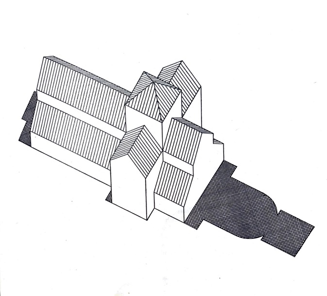 Abb. 4: Isometrischer Aufriss der romanischen Basilika. In: Kolumban SPAHR, Unsere romanische Kirche. In: Mehrerauer Grüße 19 (1963) 1–23, hier 11.