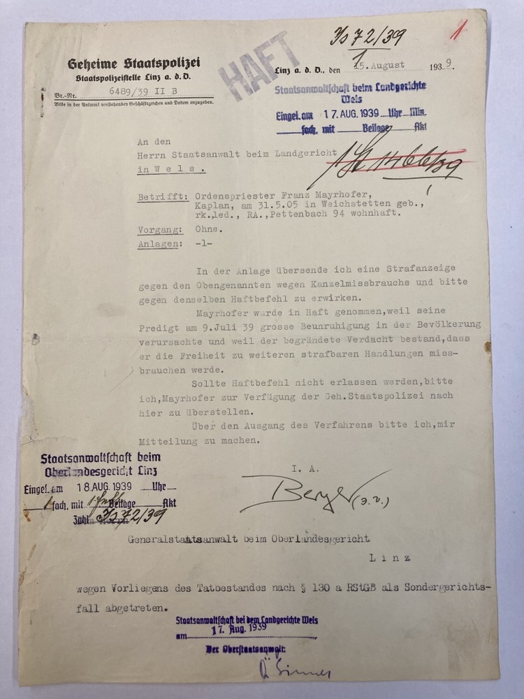 Antrag Haftbefehl für P. Petrus Mayrhofer, 15.08.1939 