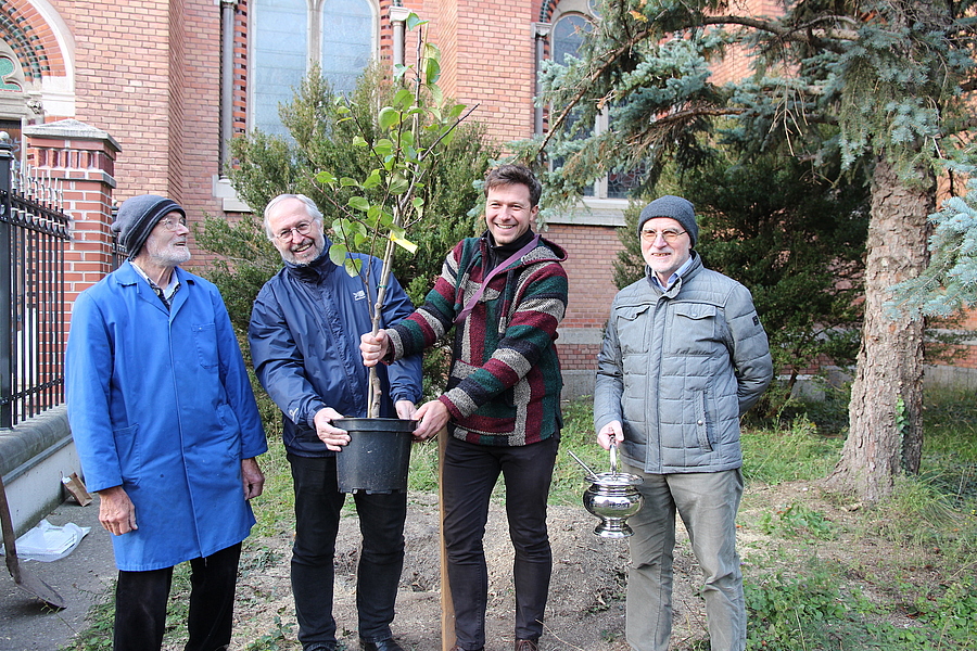 Br. Franz Aichhorn, P. Franz Helm, Br. Emanuel Huemer und Rektor P. Franz Pilz (v.l.) pflanzten einen „Korbinians-Apfelbaum“ in St. Gabriel.
