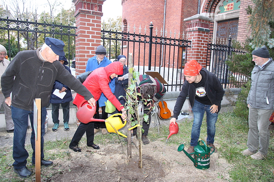 Nach der Pflanzung und Segnung des Korbiniansapfels waren die Teilnehmer:innen eingeladen, den Baum zu gießen.
