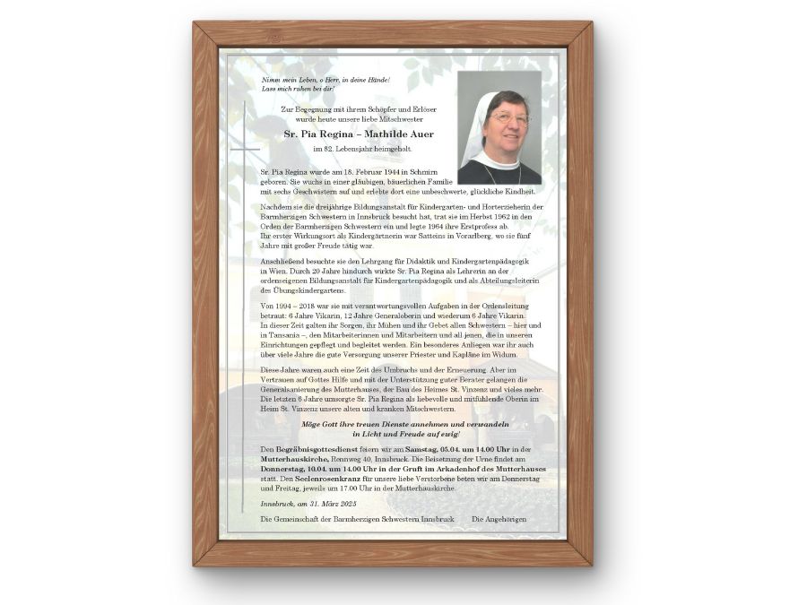 Die frühere Generaloberin der Barmherzigen Schwestern Innsbruck, Sr. Pia Regina Auer, ist am 31. März 2025 verstorben.