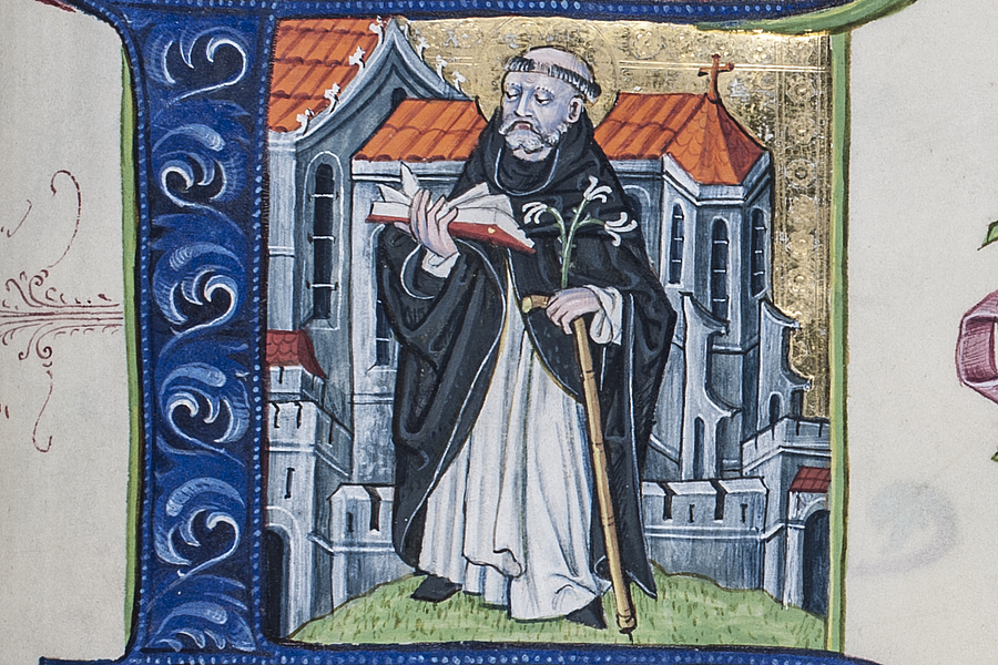Initiale aus dem sogenannten Heuner Missale (Ausschnitt) – angefertigt 1476/1477, Pagina 475 -, die den Ordensgründer Dominikus wahrscheinlich vor der alten gotischen Wiener Dominikanerkirche darstellt. / Dominikanerkonvent Initiale aus dem sogenannten Heuner Missale (Ausschnitt) – angefertigt 1476/1477, Pagina 475 -, die den Ordensgründer Dominikus wahrscheinlich vor der alten gotischen Wiener Dominikanerkirche darstellt.