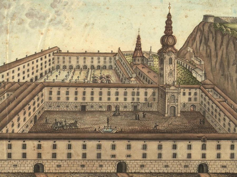 Ansicht des Klosters St. Peter in Salzburg, Ende 18. Jh. (Archiv der Erzabtei St. Peter, Plan Nr. 348)