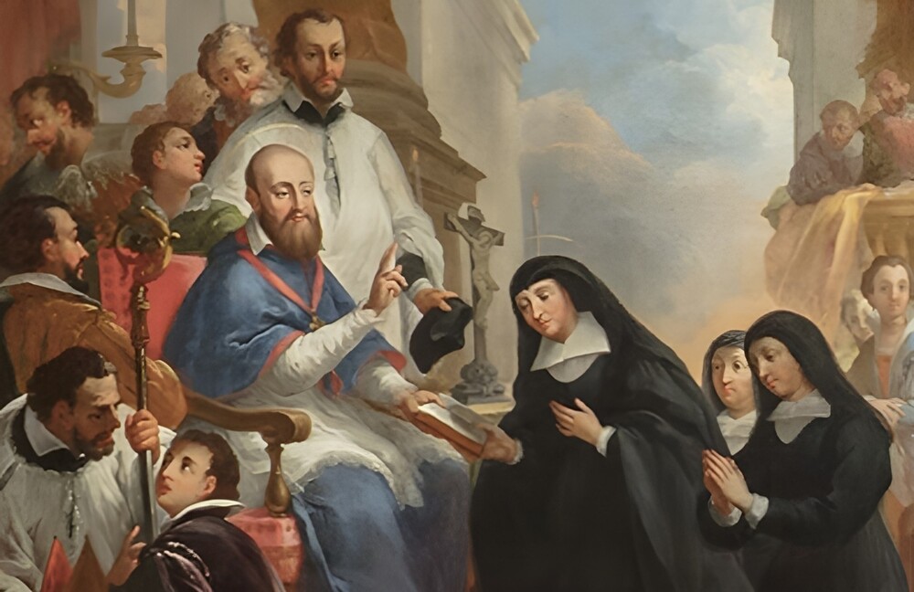 Gemälde mit der Übergabe der Ordensregel durch den hl. Franz von Sales an Johanna Franziska Chantal, Detailansicht, Umkreis Martino Altomonte (?) 