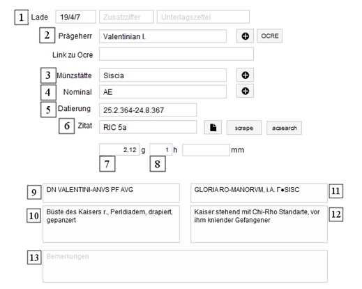 Datenbankeintrag zu einer Bronzemünze des Valentinian (19/4/7).