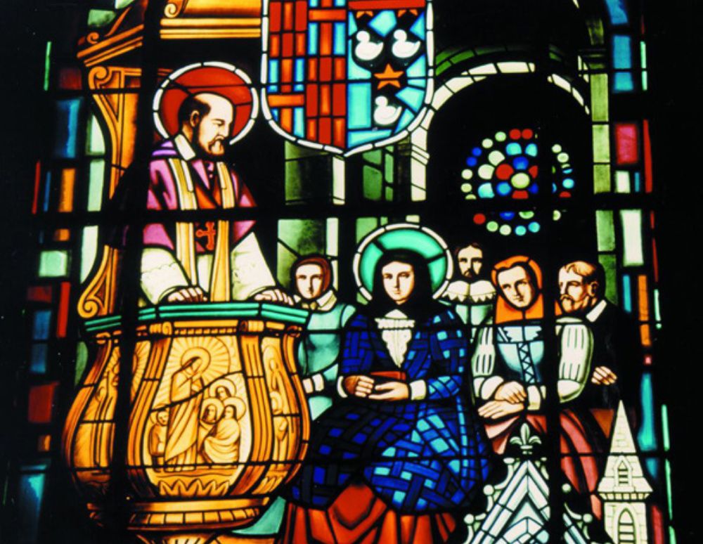 Franz von Sales begegnet Johanna Franziska von Chantal – Ausschnitt aus einem Glasfenster in der Kathedrale von Annecy