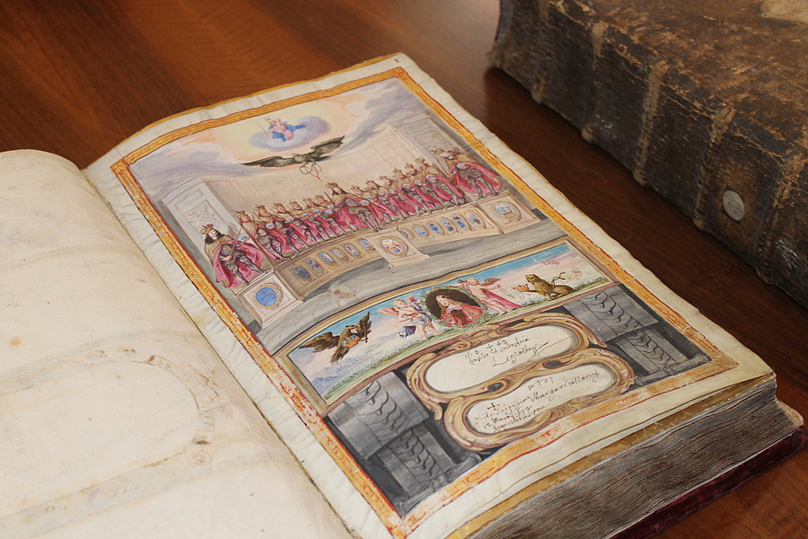 Im Rahmen des Kolloquiums 2024 wurde auch eine Führung durch den Wiener Dominikanerkonvent angeboten. Dabei konnten sie zum Beispiel im Kapitelsaal bei einer Handschriften- und Inkunabelpräsentation ausgewählte historische Dokumente in Augenschein ne