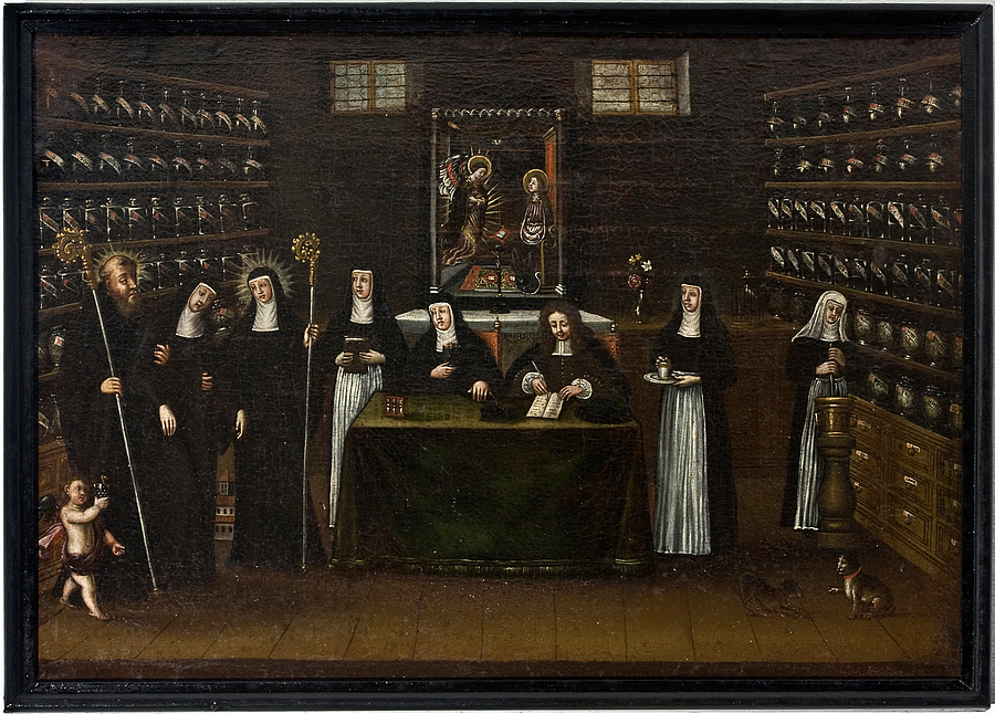 Der hl. Benedikt und die hl. Erentrudis stützen eine kranke Chorfrau in einer Apotheke im Stift Nonnberg.