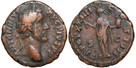 As des Antoninus Pius (12/2/3). Die Münze kann über die 24. tribunizische Gewalt und das dritte Konsulat des Kaisers in die Jahre 160/161 n. Chr. datiert werden.